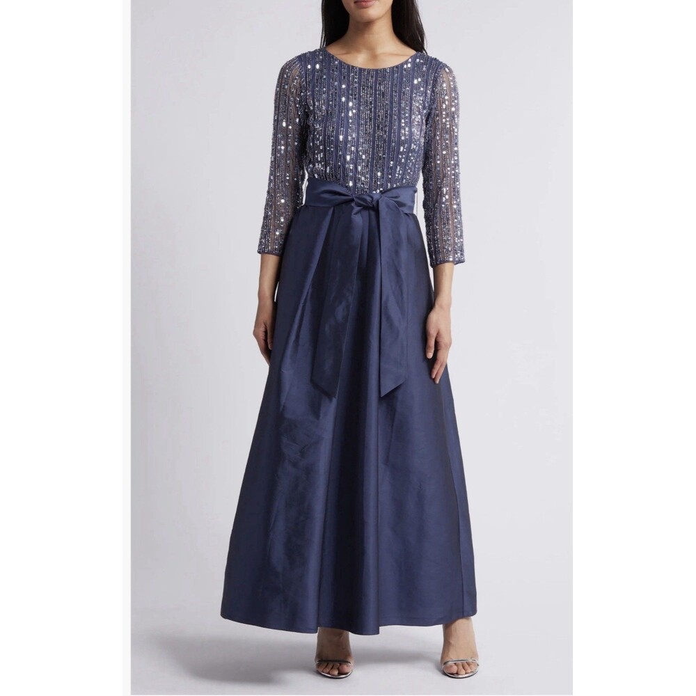 pisarro nights Bow Long Sleeve Sequin & Taffeta Denim Gown Without Belt Sz16$268